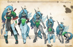 Rule 34 | 1girl, animal ears, armband, armor, arrow (symbol), arthropod girl, artist name, blue hair, breasts, chain, chrysalis, chrysalis (my little pony), cleavage, clenched hand, crown, english text, eyeshadow, green eyes, hand on own hip, highres, hooves, horns, jacket, large breasts, leotard, long hair, looking at viewer, makeup, my little pony, my little pony: friendship is magic, open mouth, parted lips, pegasus, personification, pony (animal), shepherd0821, single horn, smile, standing, sword, thigh gap, thighhighs, torn clothes, torn legwear, unicorn, weapon, wings, wristband