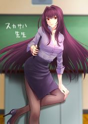 Rule 34 | &gt;:), 1girl, alternate costume, black footwear, black pantyhose, black skirt, blurry, breasts, chalkboard, cleavage, closed mouth, contrapposto, depth of field, dress shirt, fate/grand order, fate (series), high heels, indoors, large breasts, long hair, looking at viewer, omizu (omz), pantyhose, pencil skirt, purple hair, red eyes, scathach (fate), shirt, shoes, sidelocks, skirt, smile, solo, standing, teacher, v-shaped eyebrows, very long hair