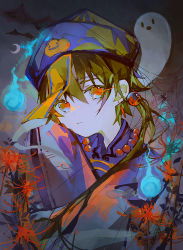 Rule 34 | 1girl, absurdres, bead necklace, beads, brown hair, closed mouth, commentary request, crescent moon, flower, ghost, highres, irodori warabi, japanese clothes, jewelry, jiangshi, kimono, long hair, looking at viewer, moon, necklace, ofuda, orange eyes, original, purple headwear, purple kimono, red flower, solo, spider lily, upper body