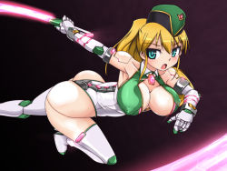 Rule 34 | 1girl, ass, bare shoulders, blonde hair, blush, boots, breasts, covered erect nipples, cyborg, elbow gloves, female focus, gloves, green eyes, hat, kagaku touki silver raina, large breasts, leotard, long hair, looking at viewer, open mouth, original, ponytail, shiny clothes, shiny skin, simple background, solo, sword, thigh boots, thighhighs, tokihama jirou, weapon