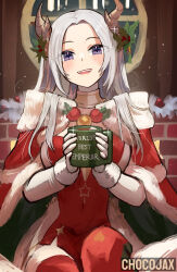 Rule 34 | 1girl, blush, cape, chocojax, christmas, cup, dress, edelgard von hresvelg, edelgard von hresvelg (snowfall future), fake horns, fire emblem, fire emblem: three houses, fire emblem heroes, forehead, gloves, highres, holding, holding cup, horns, long hair, looking at viewer, mug, nintendo, official alternate costume, open mouth, parted bangs, red cape, red dress, sidelocks, smile, white gloves, white hair