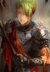 Rule 34 | 1boy, achilles (fate), arm armor, armor, bad id, bad pixiv id, bleeding, blood, blood from mouth, blood on clothes, blood on face, breastplate, changye, closed mouth, detached sleeves, fate/apocrypha, fate/grand order, fate (series), fighting stance, gradient hair, green hair, hair over one eye, holding, holding lance, holding polearm, holding weapon, injury, lance, looking at viewer, male focus, manly, multicolored hair, one eye covered, orange sash, polearm, sash, shoulder pads, solo, upper body, weapon, yellow eyes