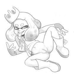 Rule 34 | 1girl, anus, artist request, boots, bottomless, fingerless gloves, gloves, inkling player character, nintendo, pearl (splatoon), pussy, splatoon (series), thick eyebrows, tongue, tongue out, uncensored