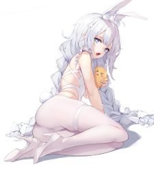 Rule 34 | + +, 1girl, animal ears, ass, azur lane, bare shoulders, bird, blue eyes, braid, chick, clothing cutout, fake animal ears, hairband, high heels, highres, le malin (azur lane), le malin (listless lapin) (azur lane), leotard, leviathan (hikinito0902), long hair, looking at viewer, looking back, manjuu (azur lane), official alternate costume, open mouth, pantyhose, playboy bunny, rabbit ears, side cutout, simple background, skindentation, solo, thigh strap, twin braids, very long hair, white background, white footwear, white hair, white leotard, white pantyhose