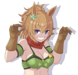 Rule 34 | 1girl, animal ears, bandana, bandeau, bare shoulders, breasts, brown gloves, brown hair, cleavage, commentary, detached sleeves, gloves, grin, hair ornament, hands up, highres, horse ears, hu-min (okok6341), large breasts, looking at viewer, midriff, personality switch, purple eyes, shinko windy (umamusume), short hair, short sleeves, simple background, smile, solo, star (symbol), star hair ornament, taiki shuttle (umamusume), umamusume, upper body, white background