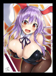 Rule 34 | 1girl, absurdres, animal ears, bare shoulders, between breasts, black border, black leotard, blush, border, grabbing another&#039;s breast, breasts, brown gloves, brown pantyhose, cleavage, detached collar, gloves, grabbing, grabbing own breast, highres, large breasts, leotard, long hair, looking at viewer, open mouth, pantyhose, playboy bunny, purple hair, rabbit ears, red eyes, reisen udongein inaba, solo, tirotata, touhou, wrist cuffs