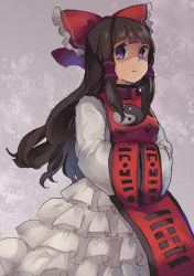 Rule 34 | 1girl, absurdres, alternate eye color, bow, brown hair, cosplay, cowboy shot, dress, frilled dress, frills, grey background, hair bow, hair tubes, hakurei reimu, hands in opposite sleeves, highres, long hair, looking at viewer, purple eyes, red bow, shaded face, shukinuko, sidelocks, solo, tabard, touhou, white dress, wide sleeves, yakumo yukari, yakumo yukari (cosplay), yin yang