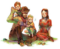 Rule 34 | 1girl, 3boys, beard, blonde hair, blouse, blue eyes, brothers, brown hair, claus (mother 3), cowboy western, facial hair, family, father and son, flint (mother 3), hat, hinawa, long hair, lucas (mother 3), mother (game), mother 3, mother and son, multiple boys, nintendo, quiff, scarf, shirt, siblings, sitting, smile, spoilers, striped clothes, striped shirt