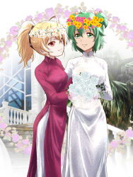 Rule 34 | 2girls, ahoge, andou tazusa, antenna hair, arm hug, assault lily, black ribbon, blonde hair, bouquet, building, closed mouth, commentary request, commission, cowboy shot, day, dress, eye contact, flower, flower wreath, green eyes, green hair, hair between eyes, hair ribbon, hands up, head wreath, highres, holding, holding bouquet, long dress, long sleeves, looking at another, looking to the side, midriff peek, multiple girls, outdoors, palm tree, pants, pink flower, ponytail, purple flower, purple rose, railing, red eyes, ribbon, rose, second-party source, side-by-side, side slit, sideways glance, stairs, standing, tree, two side up, urutsu sahari, vietnamese dress, white background, white dress, white flower, white pants, white rose, wind, yellow flower, yellow ribbon, yoshimura thi mai, yuri