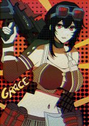 Rule 34 | 1girl, black hair, blue sealad, breasts, character name, commentary, cowboy shot, detached sleeves, eyewear on head, food, gloves, grace howard, gun, highres, holding, holding gun, holding weapon, long hair, looking at viewer, medium breasts, midriff, mixed-language commentary, navel, open mouth, polka dot, polka dot background, red eyes, solo, weapon, white gloves, zenless zone zero