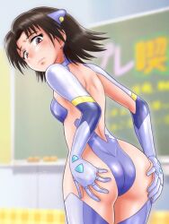 Rule 34 | 1girl, alternate costume, artist name, ass, ass grab, back, blue leotard, blue thighhighs, blurry, blurry background, breasts, brown eyes, brown hair, chalkboard, closed mouth, depth of field, dutch angle, from behind, frown, girls und panzer, grabbing own ass, hair ornament, highres, hiyama yuu (wee259hiyama), indoors, leotard, long sleeves, looking at viewer, looking back, parted bangs, revealing clothes, sawa azusa, short hair, signature, small breasts, solo, standing, tetsuwan birdy, tetsuwan birdy decode, thighhighs