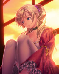 Rule 34 | 1girl, backlighting, bad id, bad pixiv id, breasts, cleavage, colored eyelashes, earrings, female focus, indoors, isobe, jewelry, ponytail, sitting, sky, solo, sound horizon, stud earrings, swept bangs, thighhighs