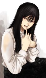Rule 34 | 1girl, black hair, finger to mouth, grey eyes, hair between eyes, highres, hoshi san 3, long hair, long sleeves, looking at viewer, mole, mole under eye, mole under mouth, original, parted lips, shirt, simple background, sitting, skirt, solo, white background, yamifuka-san (hoshi san 3)