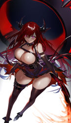 1girl, absurdres, arknights, armband, bare shoulders, black horns, breasts, brown legwear, cleavage, elbow gloves, erect nipples, eyebrows visible through hair, eyes visible through hair, fire, flame, flaming sword, flaming weapon, gloves, hair between eyes, highres, holding, holding sword, holding weapon, horns, horz, large breasts, long hair, parted lips, purple eyes, red hair, shadow, shiny, shiny hair, solo, surtr (arknights), sword, thighhighs, torn, torn clothes, weapon