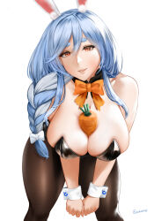Rule 34 | 1girl, animal ears, artist name, between breasts, black leotard, black pantyhose, black sleeves, black thighhighs, blue hair, blush, braid, breasts, carrot, closed mouth, commentary request, covered erect nipples, easonx, grey background, highres, holding, holding carrot, hololive, huge breasts, leotard, long hair, looking at viewer, mature female, pantyhose, pekomama, rabbit ears, rabbit girl, rabbit tail, red eyes, short eyebrows, single braid, sitting, smile, solo, strapless, strapless leotard, sweat, tail, thick eyebrows, thighhighs, thighs, virtual youtuber, white hair