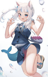 Rule 34 | 1girl, absurdres, animal ears, bag, bare arms, bare legs, blue hair, blue nails, blue skirt, blush, cat ears, claw pose, commentary, denim, denim skirt, artistic error, fang, fins, fish tail, gawr gura, gawr gura (casual), handbag, highres, hololive, hololive english, medium hair, multicolored hair, nail polish, no panties, official alternate costume, open mouth, sandals, shark tail, sidelocks, skirt, sleeveless, smile, solo, somray, standing, standing on one leg, streaked hair, tail, thighs, toenail polish, toenails, virtual youtuber, water drop, white hair, wrong foot