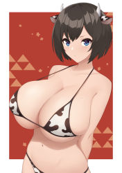 Rule 34 | 1girl, 2021, animal ears, animal print, ao (aokisora ao), arms behind back, bikini, black hair, blue eyes, blush, border, breasts, bursting breasts, chinese zodiac, cleavage, collarbone, cow ears, cow girl, cow horns, cow print, cow print bikini, expressionless, hair between eyes, highres, horns, huge breasts, letterboxed, looking at viewer, micro bikini, mole, mole on breast, navel, new year, original, print bikini, red background, short hair, skindentation, solo, swimsuit, upper body, white border, year of the ox