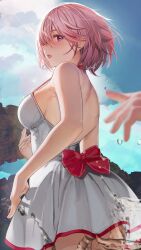 Rule 34 | 1girl, armpit crease, back, backboob, bare arms, bare back, bare shoulders, blurry, blurry foreground, blush, bob cut, bow, breasts, commentary, dress swimsuit, fate/grand order, fate (series), fingernails, from behind, hair over one eye, highres, large breasts, long bangs, looking back, mash kyrielight, mash kyrielight (swimsuit of perpetual summer), nanaken nana, official alternate costume, one-piece swimsuit, open mouth, pink hair, purple eyes, red bow, rock, solo focus, standing, sunlight, swimsuit, thighs, wading, white one-piece swimsuit