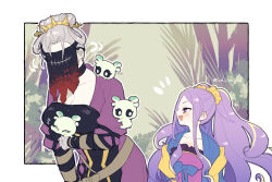 2girls blush breasts chinese_clothes cleavage con_(fate) dress fate/grand_order fate_(series) forehead hair_ornament hair_scrunchie hanfu kuli_(fate) long_hair long_sleeves multiple_girls parted_bangs purple_dress purple_eyes purple_hair scrunchie shawl sidelocks small_breasts smile twintails ushinoyavi veil very_long_hair white_hair wide_sleeves wu_zetian_(fate) yellow_scrunchie