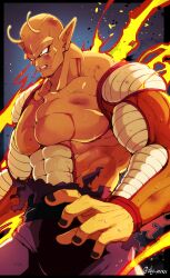 Rule 34 | 1boy, abs, antennae, artist name, bb m0024, biceps, black border, black nails, blood, blood from mouth, border, clenched teeth, collarbone, colored skin, commentary request, dragon ball, dragon ball super, dragon ball super super hero, energy, fingernails, fire, highres, looking away, male focus, muscular, muscular male, namekian, orange piccolo, orange skin, outside border, pants, pectorals, piccolo, pointy ears, purple pants, red eyes, scratches, solo, sweat, teeth, topless male, torn clothes, twitter username, v-shaped eyebrows