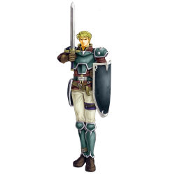Rule 34 | 1boy, armor, blonde hair, brown eyes, fire emblem, fire emblem: the blazing blade, harken (fire emblem), highres, holding, holding sword, holding weapon, looking at viewer, male focus, nintendo, official art, shield, shoulder armor, solo, pauldrons, sword, wada sachiko, weapon, white background