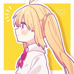 Rule 34 | 1girl, ahoge, blonde hair, blush, bocchi the rock!, closed mouth, detached ahoge, from side, highres, ijichi nijika, looking to the side, polka dot bowtie, red eyes, shikatanaiyo, side ponytail, simple background, smile, solo, upper body, yellow background