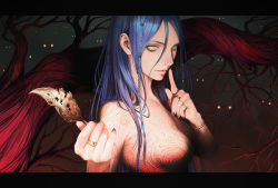Rule 34 | 1girl, absurdres, black nails, blue hair, bracelet, braid, breasts, dark, dated commentary, eyeliner, finger to mouth, from side, full-body tattoo, glowing, glowing eyes, green eyes, hair between eyes, hair flowing over, highres, index finger raised, jewelry, leaf, letterboxed, long hair, looking at viewer, makeup, multiple braids, nababa, nail polish, nude, original, outstretched arm, ring, shushing, side braid, solo focus, tattoo, tree