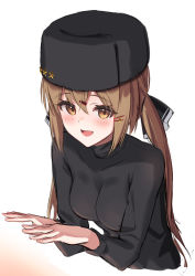 Rule 34 | 1girl, absurdres, black bow, black hat, black sweater, bow, brown eyes, brown hair, cropped torso, fur hat, gradient background, hair bow, hair ornament, hairclip, hat, highres, kantai collection, kokenashi, long hair, long sleeves, looking at viewer, low twintails, papakha, solo, star (symbol), sweater, tashkent (kancolle), twintails, upper body