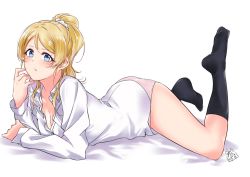 Rule 34 | 1girl, akira miku ver, arm support, ayase eli, bad id, bad pixiv id, blonde hair, blue eyes, blush, breasts, cleavage, dress shirt, from side, kneehighs, looking at viewer, love live!, love live! school idol project, lying, medium breasts, on stomach, panties, pink panties, scrunchie, shirt, socks, solo, underwear, white background, white scrunchie