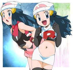 Rule 34 | 1girl, blue eyes, blue hair, blush, boots, breasts, cosplay, creatures (company), curvy, dawn (pokemon), female focus, game freak, hainchu, looking at viewer, matching hair/eyes, multiple views, nintendo, pokemon, pokemon (anime), pokemon dppt (anime), small breasts, sweat, team rocket grunt (cosplay)