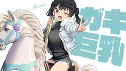 Rule 34 | 1girl, ;d, black hair, black shorts, black sweater, blue jacket, blunt bangs, commentary request, dated, denim, denim shorts, fang, fur-trimmed jacket, fur trim, jacket, kaedeko (kaedelic), long sleeves, looking at viewer, one eye closed, open mouth, original, red eyes, sasaki kanna (kaedeko), short hair, short shorts, shorts, signature, simple background, sitting, smile, solo, sweater, text background, thighs, twintails, v, white background