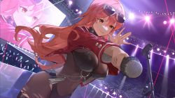 Rule 34 | 1girl, absurdres, belly, bra, breasts, bsue, cleavage, coat, curvy, dark-skinned female, dark skin, eyewear on head, glasses, goddess of victory: nikke, highres, idol, large breasts, microphone, midriff, music, panties, pantyhose, red hair, revealing clothes, see-through, see-through cleavage, singing, skin tight, solo, standing, sunglasses, tight clothes, torn clothes, underwear, volume (nikke), yellow eyes