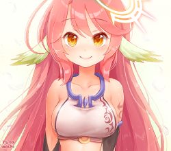 Rule 34 | 10s, 1girl, arm tattoo, artist name, bare shoulders, blush, breasts, collarbone, spiked halo, crop top, elbow gloves, gloves, halo, head wings, heart, heart-shaped pupils, jibril (no game no life), large breasts, long hair, looking at viewer, midriff, navel, no game no life, pink hair, runamochi, sideboob, simple background, smile, solo, symbol-shaped pupils, tattoo, upper body, very long hair, white background, wings, yellow eyes