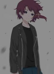 Rule 34 | 1girl, asymmetrical hair, brown eyes, brown hair, closed mouth, eitetsu, hair ornament, hairclip, highres, iwakura lain, jacket, leather, leather jacket, looking at viewer, serial experiments lain, short hair, simple background, solo, x hair ornament