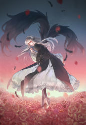 Rule 34 | 1girl, absurdres, black wings, blurry, closed mouth, depth of field, dress, feathered wings, feathers, flower, frilled sleeves, frills, full body, gothic lolita, gown, gradient background, gradient sky, hairband, hanayaka, high heels, highres, lolita fashion, lolita hairband, long hair, looking at viewer, pink flower, pink rose, red eyes, red flower, red lips, red rose, rose, rozen maiden, silver hair, sky, solo, suigintou, very long hair, wide sleeves, wings