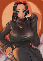 Rule 34 | 2girls, absurdres, alternate costume, black hair, black pantyhose, black sweater, blue nails, boa hancock, breasts, circles in background, cowboy shot, crossed legs, earrings, eyebrows hidden by hair, facing viewer, hand up, hato hato hato, highres, huge breasts, jewelry, long hair, looking at viewer, multiple girls, necklace, one piece, orange background, orange theme, pantyhose, parted bangs, salome (one piece), shadow, sidelighting, sitting, sitting on animal, sleeves past wrists, smile, snake earrings, solo, solo focus, sweater, tareme, turtleneck, turtleneck sweater, wavy mouth