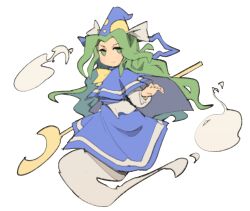 Rule 34 | 1girl, :&gt;, blue capelet, blue hat, blue skirt, cape, capelet, closed mouth, full body, ghost, ghost tail, green eyes, green hair, hand up, hat, highres, hitodama, long hair, long sleeves, looking at viewer, mima (touhou), no nose, no pupils, parted bangs, print headwear, puffy long sleeves, puffy sleeves, simple background, skirt, skirt set, smile, solo, staff, sun print, temmie chang, touhou, touhou (pc-98), v-shaped eyebrows, very long hair, wavy hair, white background, wizard hat