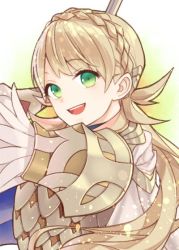 Rule 34 | 1girl, armor, blonde hair, fire emblem, fire emblem heroes, green eyes, holding, holding weapon, kiyuu, looking at viewer, nintendo, scale armor, sharena (fire emblem), smile, solo, weapon