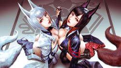 Rule 34 | 2girls, akagi (azur lane), anal tail, animal ears, ass, asymmetrical docking, azazel1944, azur lane, black hair, blue eyes, blue nails, breast press, breasts, bridal gauntlets, butt plug, fake tail, from above, gloves, hair tubes, highres, japanese clothes, kaga (azur lane), kneeling, large breasts, lips, looking at viewer, looking up, makeup, medium breasts, medium hair, miniskirt, multiple girls, nail polish, parted lips, pleated skirt, red eyes, red nails, sex toy, short hair, skirt, smile, symmetrical hand pose, tail, thighhighs, white hair, wide sleeves