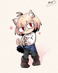 Rule 34 | &lt;|&gt; &lt;|&gt;, 1girl, :3, animal ear fluff, animal ears, antenna hair, awlowl, black pantyhose, blonde hair, blue skirt, blush, boots, brown footwear, cat ears, cat tail, chibi, closed mouth, commentary, english commentary, eyes visible through hair, full body, head tilt, heart, highres, long sleeves, looking at viewer, melty blood: type lumina, neco-arc, own hands together, pantyhose, red eyes, shadow, short hair, signature, simple background, skirt, smile, solo, standing, sweater, tail, tsukihime, white background, white sweater