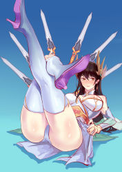 Rule 34 | 1girl, absurdres, ass, bare shoulders, bbbs, black hair, blue background, blush, boots, breasts, breasts apart, brown eyes, brown hair, cameltoe, crossed legs, detached sleeves, divine sword irelia, earrings, eyebrows, gradient background, hair ornament, hand on own knee, high heel boots, high heels, highres, irelia, jewelry, league of legends, legs up, lifted by self, lips, long hair, looking at viewer, looking away, lying, medium breasts, no bra, nose blush, on back, panties, pelvic curtain, pink heels, self exposure, simple background, skindentation, solo, sword, thick thighs, thigh boots, thighhighs, thighs, underwear, weapon, white thighhighs