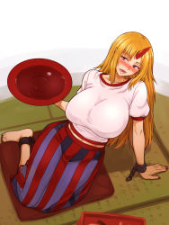 Rule 34 | 1girl, arm support, barefoot, blonde hair, blue skirt, blush, breasts, cuffs, cup, highres, holding, holding cup, horns, hoshiguma yuugi, huge breasts, kakone, looking at viewer, nail polish, oni horns, open mouth, red eyes, red horns, red nails, sakazuki, shackles, shirt, short sleeves, simple background, single horn, sitting, skirt, solo, star (symbol), striped clothes, striped skirt, tatami, touhou, white background, white shirt, yokozuwari