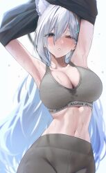 Rule 34 | 1girl, animal ear fluff, animal ears, armpits, arms up, blue archive, breasts, grey hair, gym shirt, highres, kazane-wind, large breasts, one eye closed, pants, shiroko (blue archive), shiroko terror (blue archive), shirt, unworn shirt, solo, sweat, sweatpants, wolf ears