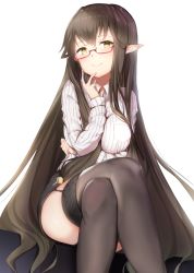 Rule 34 | 1girl, alternate costume, bespectacled, black hair, black thighhighs, breasts, crossed legs, fate/apocrypha, fate (series), garter straps, glasses, highres, long hair, looking at viewer, maosame, pointy ears, semiramis (fate), solo, thighhighs, very long hair, white background, yellow eyes, zettai ryouiki