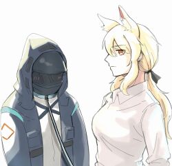 Rule 34 | 1girl, 1other, absurdres, ambiguous gender, animal ear fluff, animal ears, arknights, black coat, blonde hair, blush, closed mouth, coat, collar, doctor (arknights), hair between eyes, highres, hood, hood up, hooded coat, horse girl, leash, long hair, long sleeves, looking at viewer, low ponytail, nearl (arknights), orange eyes, profile, seung-aeja, shirt, simple background, upper body, white background, white shirt