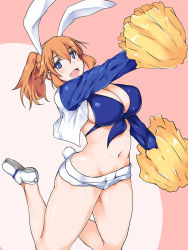 Rule 34 | 1girl, alternate hairstyle, animal ears, blue eyes, blush, breasts, charlotte e. yeager, cheerleader, cleavage, curvy, dallas cowboys, front-tie top, holding, jacket, jumping, komusou (jinrikisha), kuronyan, large breasts, legs up, long hair, long sleeves, navel, open mouth, orange hair, pom pom (cheerleading), ponytail, rabbit ears, rabbit girl, rabbit tail, short shorts, shorts, sideboob, skindentation, solo, strike witches, tail, world witches series
