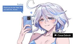 Rule 34 | 1girl, ahoge, bare shoulders, blue bra, blue eyes, blue hair, bra, cellphone, cesar zebrah, commentary, furina (genshin impact), genshin impact, grin, hand up, highres, holding, holding phone, looking at viewer, multicolored hair, no headwear, phone, portrait, short hair, simple background, smartphone, smile, solo, streaked hair, underwear, white background, white hair
