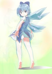 Rule 34 | 1girl, bare legs, barefoot, blue eyes, blue hair, bow, cirno, dress, feet, from behind, full body, grin, hair bow, highres, looking at viewer, looking back, matching hair/eyes, outstretched hand, shift (waage), short hair, smile, soles, solo, standing, tiptoes, touhou, wings, zoom layer