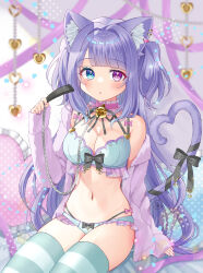 Rule 34 | 1girl, animal ears, aqua bra, aqua panties, aqua thighhighs, bed, bell, blue eyes, bow, bow bra, bow panties, bra, breasts, cat ears, cat girl, cat tail, cleavage, collar, detached collar, frilled bra, frilled collar, frilled panties, frills, fur shirt, hair intakes, heterochromia, highres, holding, indoors, leash, lingerie, long hair, long sleeves, medium breasts, momomoyn, multi-strapped panties, navel, neck bell, no pants, off shoulder, on bed, open clothes, open shirt, original, panties, parted lips, pillow, purple eyes, purple shirt, ribbon, shirt, sitting, solo, striped clothes, striped thighhighs, tail, tail ornament, tail ribbon, thighhighs, two side up, underwear, very long hair