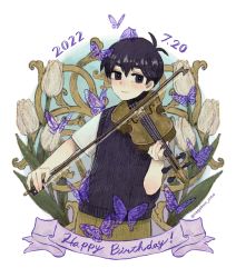 Rule 34 | 1boy, 2022, 20s, black eyes, black hair, black sweater vest, blush, brown shorts, bug, butterfly, closed mouth, dated, flower, happy birthday, highres, holding, holding instrument, holding violin, insect, instrument, looking at viewer, nagakun omo, omori, shirt, short hair, short sleeves, shorts, smile, solo, sunny (omori), sweater vest, tulip, violin, white shirt